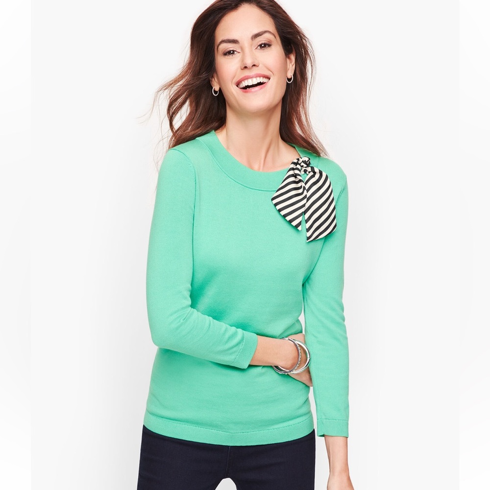Talbots Teal Crew Neck Sweater with Striped Scarf Accent